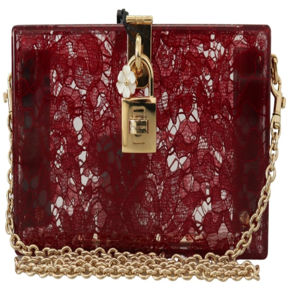 DOLCE & GABBANA Dark Red Plexiglass Lace Shoulder Sling Clutch Bag